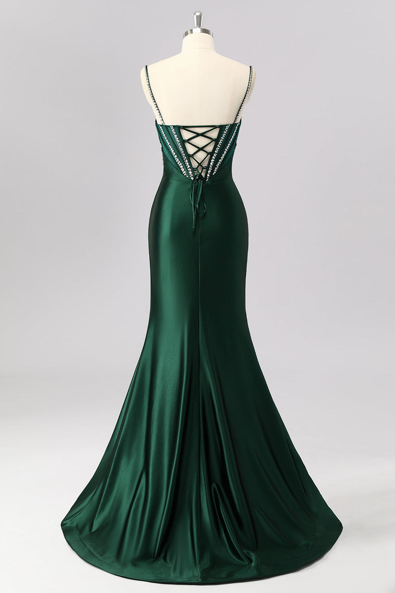 Load image into Gallery viewer, Sparkly Dark Green Mermaid Satin Long Corset Prom Dress with Beading