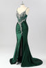 Load image into Gallery viewer, Sparkly Dark Green Mermaid Satin Long Corset Prom Dress with Beading