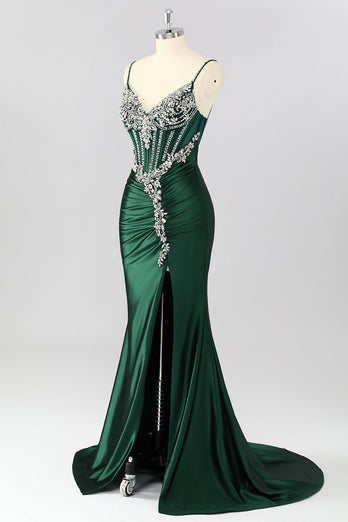 Sparkly Dark Green Mermaid Satin Long Corset Prom Dress with Beading