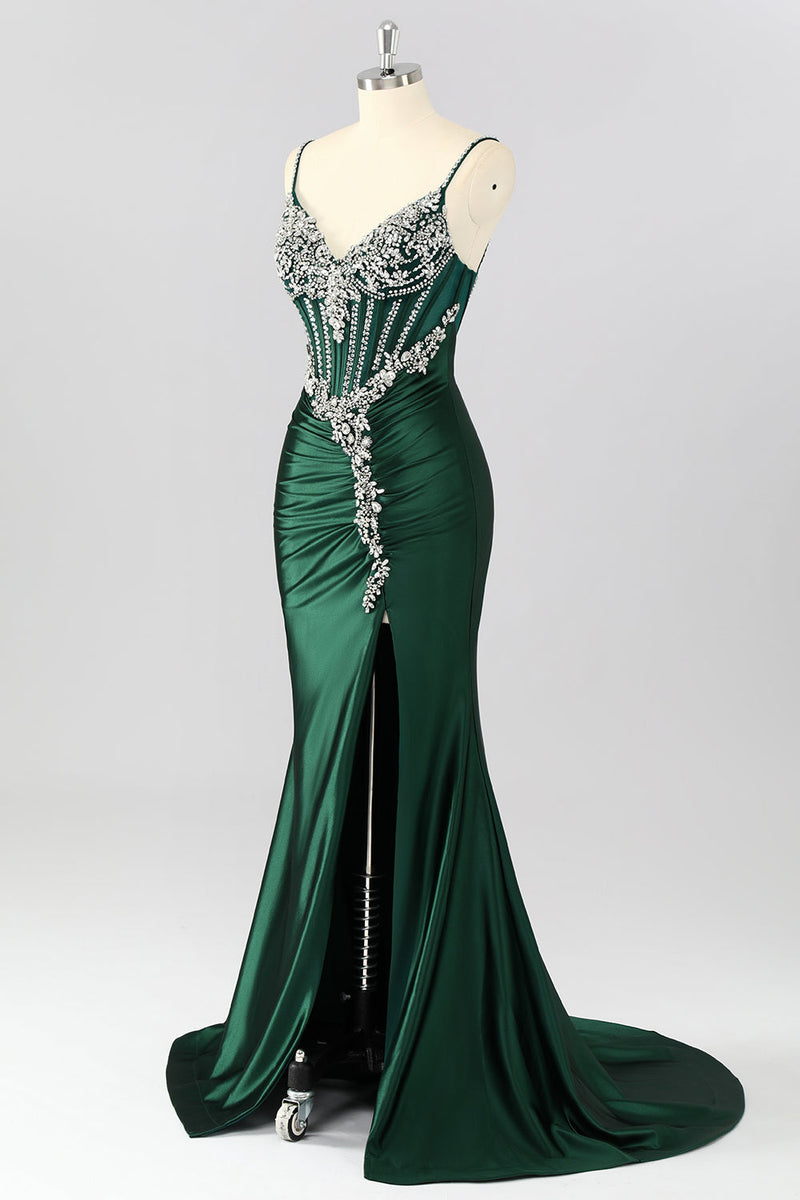 Load image into Gallery viewer, Sparkly Dark Green Mermaid Satin Long Corset Prom Dress with Beading