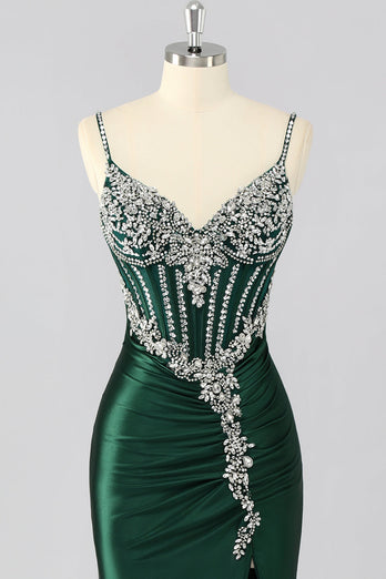 Sparkly Dark Green Mermaid Satin Long Corset Prom Dress with Beading