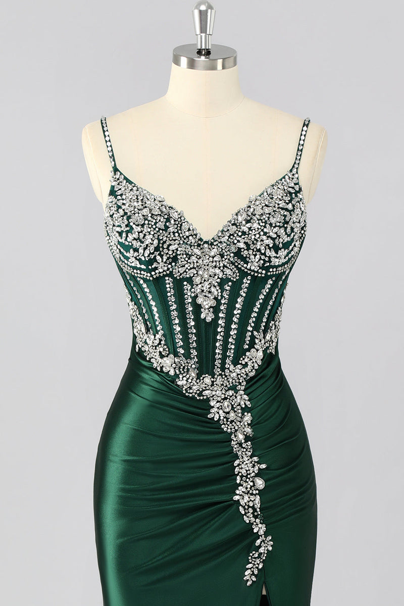Load image into Gallery viewer, Sparkly Dark Green Mermaid Satin Long Corset Prom Dress with Beading
