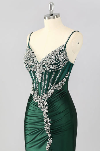 Sparkly Dark Green Mermaid Satin Long Corset Prom Dress with Beading