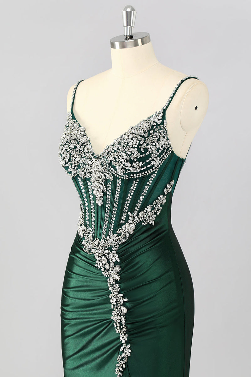 Load image into Gallery viewer, Sparkly Dark Green Mermaid Satin Long Corset Prom Dress with Beading