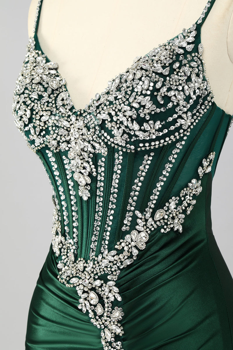 Load image into Gallery viewer, Sparkly Dark Green Mermaid Satin Long Corset Prom Dress with Beading