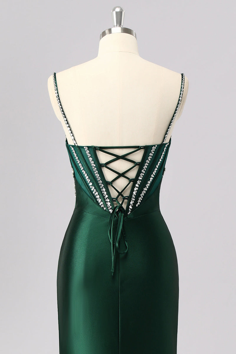 Load image into Gallery viewer, Sparkly Dark Green Mermaid Satin Long Corset Prom Dress with Beading