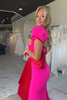 Load image into Gallery viewer, Fuchsia Square Neck Puff Sleeves Mermaid Long Prom Dress with Bow