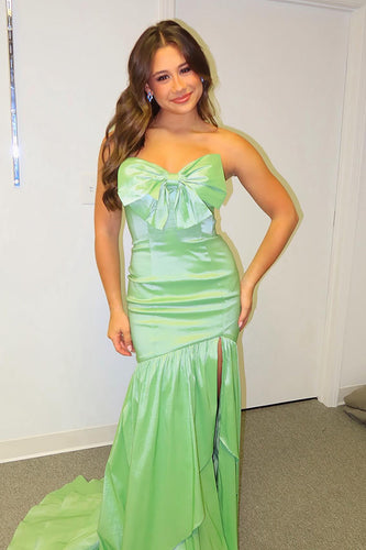 Green Satin Mermaid Strapless Long Prom Dress with Bow