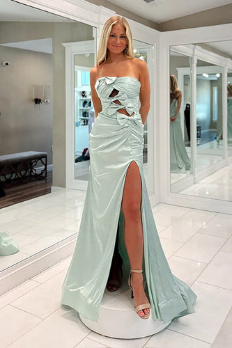 Sage Green Cut Out Satin Mermaid Strapless Long Prom Dress with Slit