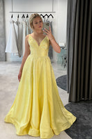 Load image into Gallery viewer, Sparkly Yellow V-Neck Satin A-Line Long Prom Dress with Beading