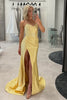 Load image into Gallery viewer, Sparkly Yellow Mermaid Sweetheart Satin Long Prom Dress with Beading