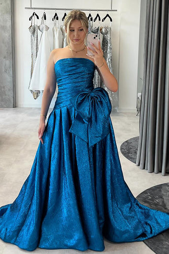 Sparkly Blue Metallic A-Line Strapless Long Prom Dress with Bow