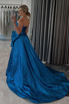 Sparkly Blue Metallic A-Line Strapless Long Prom Dress with Bow