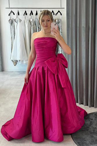 Fuchsia Satin Ruched A-Line Strapless Long Prom Dress with Bow