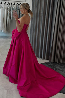 Fuchsia Satin Ruched A-Line Strapless Long Prom Dress with Bow