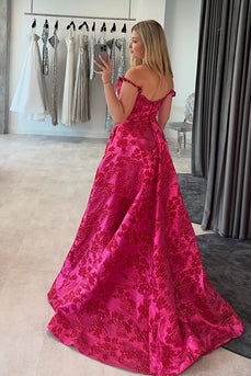 Floral Fuchsia  A-Line Scoop Neck Long Corset Prom Dress with Slit