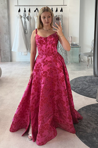 Floral Fuchsia  A-Line Scoop Neck Long Corset Prom Dress with Slit