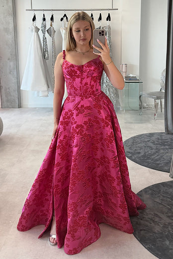 Floral Fuchsia  A-Line Scoop Neck Long Corset Prom Dress with Slit