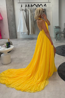 Yellow Chiffon A-Line Pleated Halter Long Prom Dress with Slit