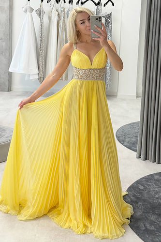 Sparkly Yellow Chiffon Pleated A-Line Long Prom Dress with Beading