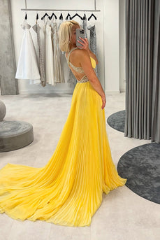 Sparkly Yellow Chiffon Pleated A-Line Long Prom Dress with Beading