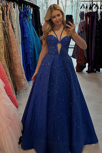Sparkly Dark Blue Satin Halter A-Line Long Prom Dress with Keyhole