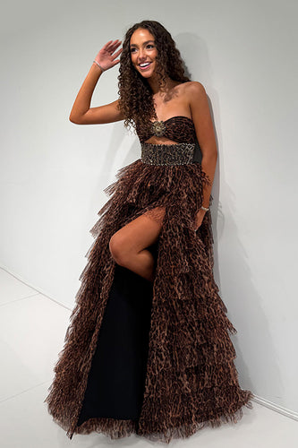 Sparkly Brown Leopard Cut Out Tiered Sweetheart Long Prom Dress with Beading