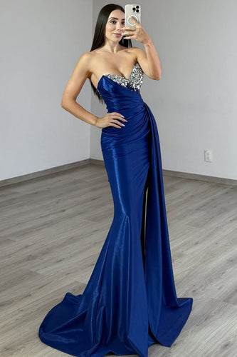 Sparkly Navy Sweetheart Satin Long Corset Prom Dress with Rhinestones