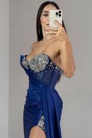 Load image into Gallery viewer, Sparkly Navy Sweetheart Satin Long Corset Prom Dress with Rhinestones