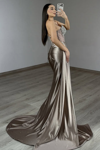 Sparkly Grey Satin Mermaid Long Corset Prom Dress with Slit