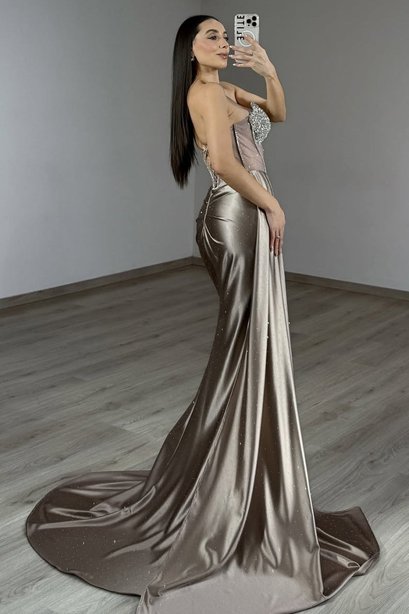 Load image into Gallery viewer, Sparkly Grey Satin Mermaid Long Corset Prom Dress with Slit