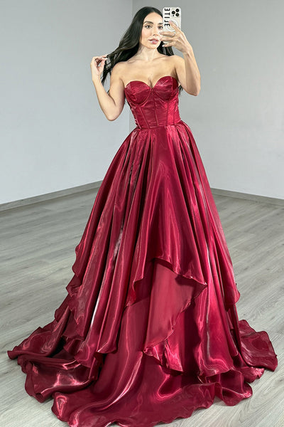 Burgundy A Line Sweetheart Long Corset Prom Dress with Ruffles