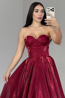 Burgundy A Line Sweetheart Long Corset Prom Dress with Ruffles