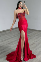 Load image into Gallery viewer, Sparkly Red Strapless Satin Long Corset Prom Dress with Slit