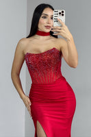 Load image into Gallery viewer, Sparkly Red Strapless Satin Long Corset Prom Dress with Slit