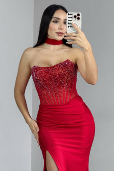 Sparkly Red Strapless Satin Long Corset Prom Dress with Slit