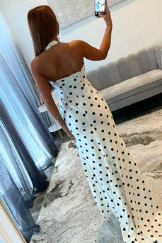 White Black Dot Sheath Halter Long Prom Dress with Slit