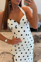 Load image into Gallery viewer, White Black Dot Sheath Halter Long Prom Dress with Slit