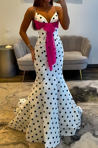 White Black Dot Satin Mermaid Spaghetti Straps Long Prom Dress with Sash