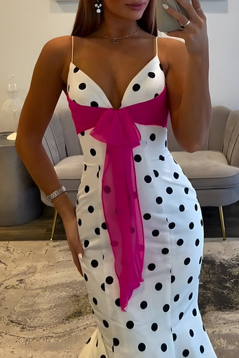 White Black Dot Satin Mermaid Spaghetti Straps Long Prom Dress with Sash