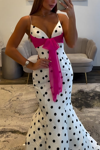 White Black Dot Satin Mermaid Spaghetti Straps Long Prom Dress with Sash