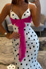 Load image into Gallery viewer, White Black Dot Satin Mermaid Spaghetti Straps Long Prom Dress with Sash