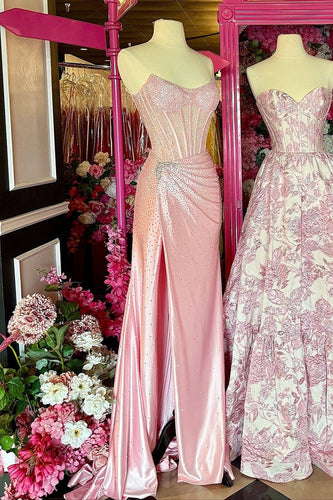 Sparkly Blush Satin Sheath Ruched Long Corset Prom Dress with Slit