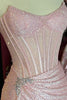 Load image into Gallery viewer, Sparkly Blush Satin Sheath Ruched Long Corset Prom Dress with Slit