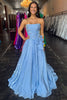 Load image into Gallery viewer, Sparkly Blue A Line Ruffled Strapless Long Prom Dress with Rhinestones