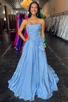 Load image into Gallery viewer, Sparkly Blue A Line Ruffled Strapless Long Prom Dress with Rhinestones