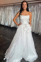 Load image into Gallery viewer, Sparkly Blue A Line Ruffled Strapless Long Prom Dress with Rhinestones