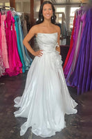 Load image into Gallery viewer, Sparkly Blue A Line Ruffled Strapless Long Prom Dress with Rhinestones