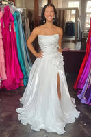 Load image into Gallery viewer, Sparkly Blue A Line Ruffled Strapless Long Prom Dress with Rhinestones