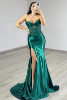 Load image into Gallery viewer, Sparkly Dark Green Cut Out Satin Long Corset Prom Dress with Slit